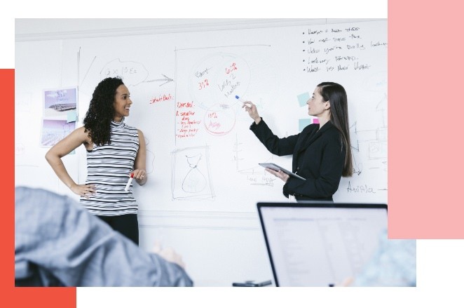 two people in front of white board